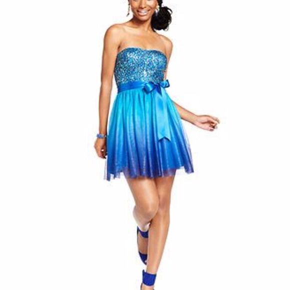 𝅺ADRIANNA Papell Hailey Logan Blue Ombre Sequin Prom Graduation Semi Dress - Picture 3 of 16